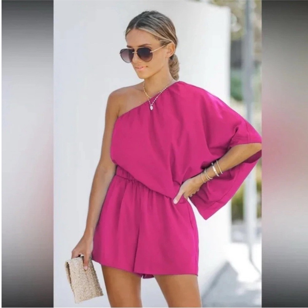 CupShe Woman’s Size L One-Shoulder Pink Romper Bright Pink
